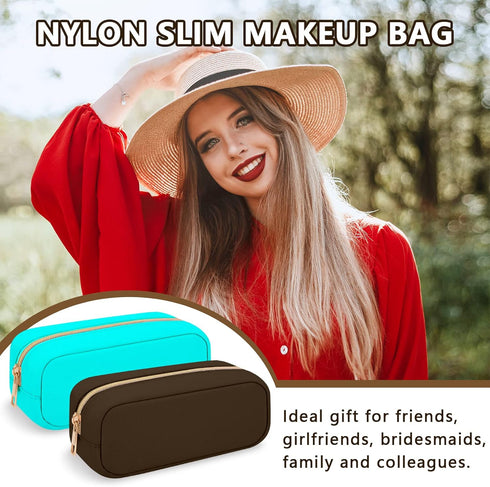Nylon Small Makeup Bag, Slim Cosmetic Zipper Pouch, Waterproof Travel Coin Pouch for Women, Girls, Teens (Brown)