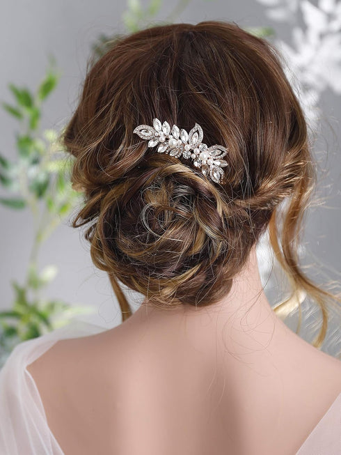 Kercisbeauty Wedding Bridal Rhinestone Crystal Leaf Hair Comb - Rose Gold Slide for Bridesmaids, Prom, Bun Hair
