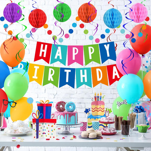 Happy Birthday Decorations Kit - Banner, Plastic Backdrop, Circle Confetti Garland, Streamers & Balloons