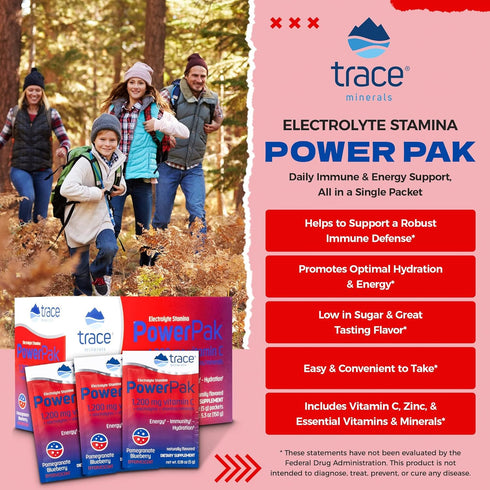 Trace Minerals Power Pak Electrolyte Powder Packets | 1200 mg Vitamin C, Zinc, Magnesium | 30 Packets