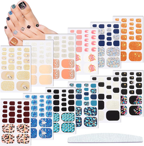 Maitys 264 Pieces Toe Nail Stickers, 12 Sheets Self Adhesive Full Nail Wraps, Glitter Decals with 1 PC File for Women