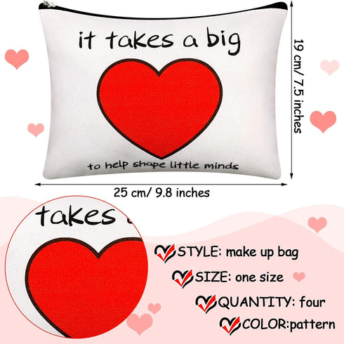 Weewooday 4 Pieces Teacher Gifts, Makeup Bags, Teacher Appreciation Gifts, Heart Pattern Cotton Pouch