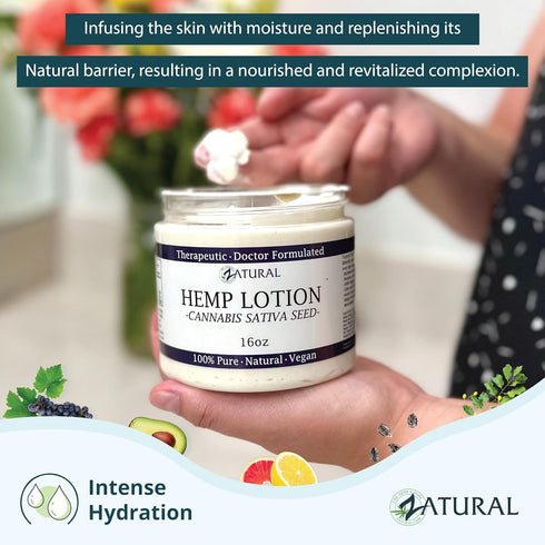 Zatural Hemp Lotion, Therapeutic Body Lotion with Hemp Seed Oil, 16 Ounce Jar.