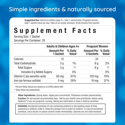 Spatone Natural Liquid Iron Supplement Plus Vit C for Women, Men & Kids Ages 4+, 28-Day, Apple Flavor