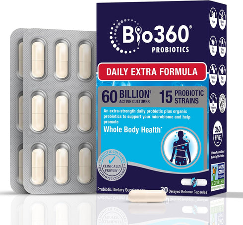 Adult Daily Extra Strength Probiotic Supplement - 60 Billion CFU, 15 Diverse Strains, Organic Prebiotic Fibers, 30CT