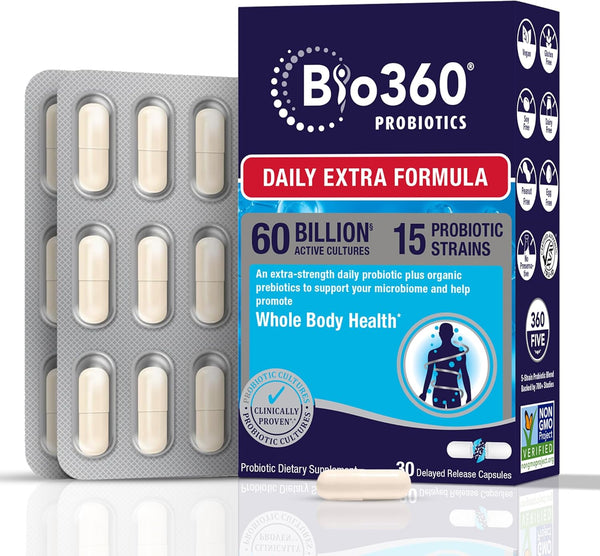 Adult Daily Extra Strength Probiotic Supplement - 60 Billion CFU, 15 Diverse Strains, Organic Prebiotic Fibers, 30CT