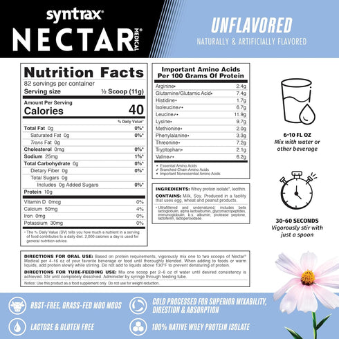 Syntrax Nutrition Nectar Medical - 100% Whey Protein Isolate, 100% Natural Ingredients, Unflavored, 2 lbs