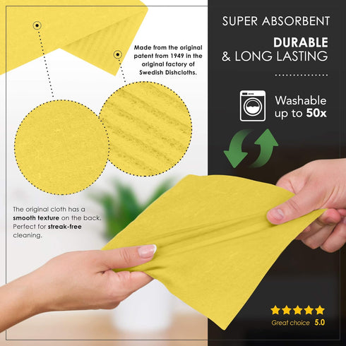 SUPERSCANDI Swedish Dishcloths, Reusable Biodegradable Cellulose Sponge Cleaning Cloths for Kitchen (10 Pack, Yellow)