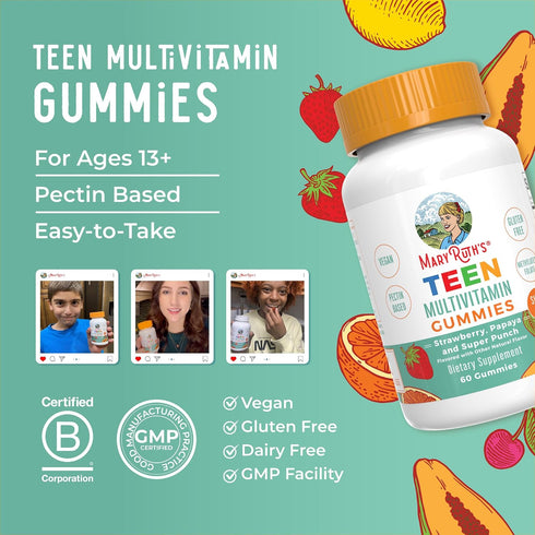 Gummies D3, B6, B12, Immunity 60 Count MaryRuth's Multivitamin for Teens | Vitamin A, C, E, Zinc, Iodine, Biotin | |