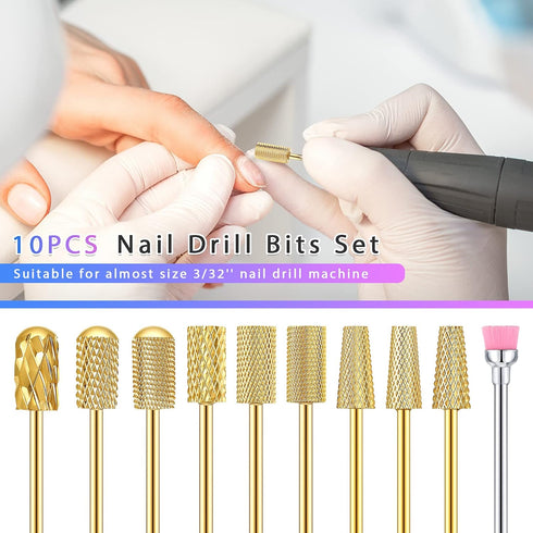 Honoson 10 Pcs Nail Drill Bits Set, 3/32 Inch Tungsten Carbide Bits for Nail Tech, Manicure Pedicure Tools (Gold)