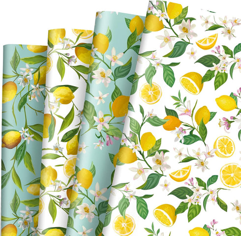 Generic AnyDesign 12 Sheets Summer Lemon Wrapping Paper, Watercolor Lemon Flowers Gift Wrap Paper for Summer Birthday