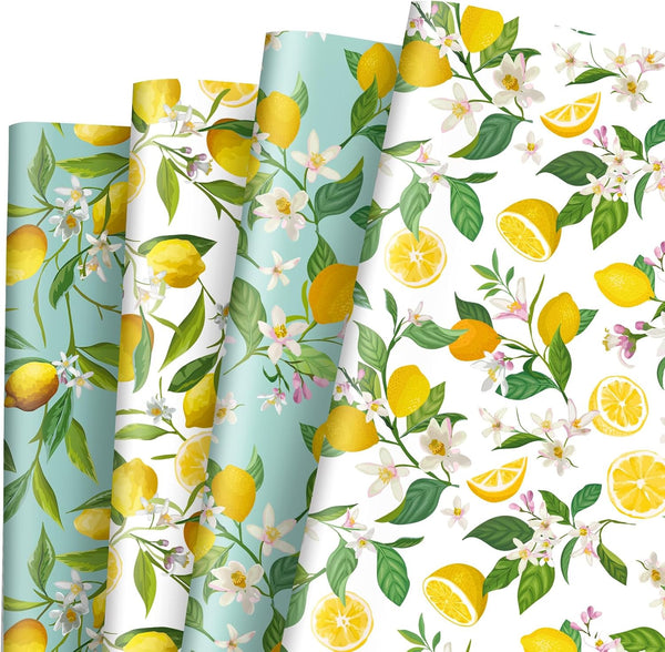 Generic AnyDesign 12 Sheets Summer Lemon Wrapping Paper, Watercolor Lemon Flowers Gift Wrap Paper for Summer Birthday