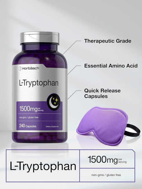 Horbaeach L Tryptophan 1500mg Capsules | 240 Count | Non-GMO, Gluten Free Nighttime Formula Supplement