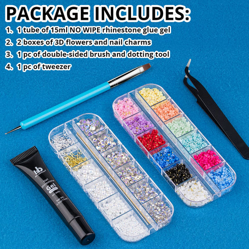 Nail Art Rhinestone Glue Gel & 3D Charms Accessories Kit, Includes 15ml Rhinestone Glue and Dual-End Brush