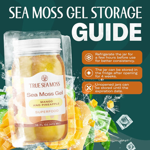 Pack 1 TrueSeaMoss Sea Moss Gel Made in USA Wildcrafted Seamoss, Fruits & Jarred Vegetables Mango/Pineapple, of (Labels