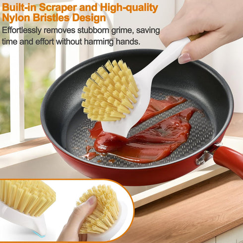 Set 2 Pack Dish Brush with Bamboo Handle, Kitchen Brushes for Cleaning Pot, Sink and Stove, Skillet Scrubber with Tough