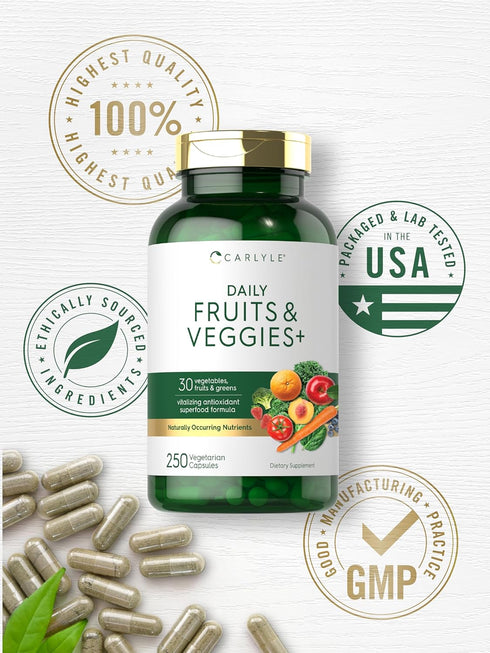 Carlyle Fruits and Veggies Supplement - 250 Capsules with 30 Fruits and Vegetables, Vegetarian, Non-GMO