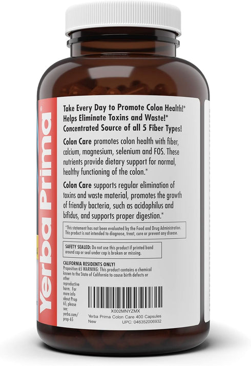 Yerba Prima Prebiotic Colon Care Capsules, 400 Caps, Five Forms of Fiber Plus FOS for Digestive Support