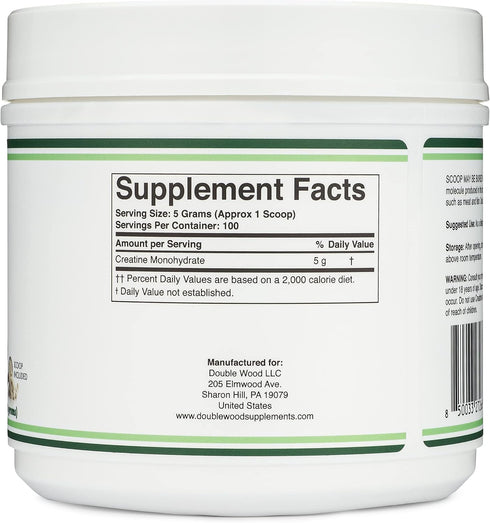 Creatine Monohydrate Powder - 1.1lbs (100 Servings of 5 Grams Each) by Double Wood (Micronized Creatine)