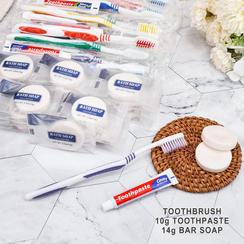 50 Set Disposable Toothbrushes with Toothpaste and Soap Individually Wrapped, 50 pcs Toothbrushes, 5 Colors with 50 pcs Bar Soap(0.5 oz)