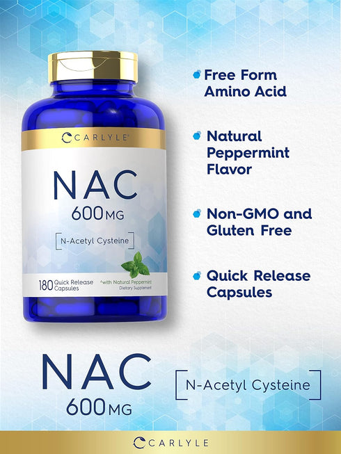 Carlyle NAC N-Acetyl Cysteine 600mg | 180 Capsules | with Peppermint | Non-GMO, Gluten Free