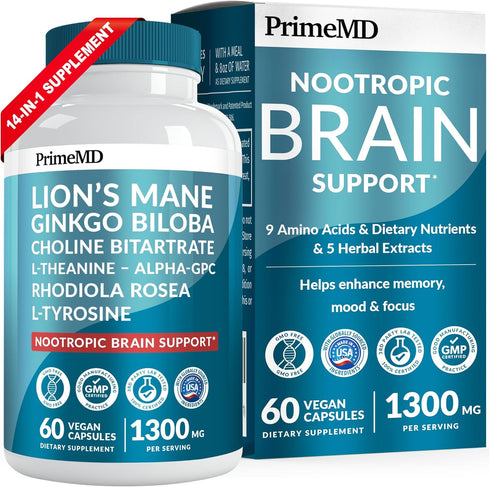 14-in-1 Lions Mane Supplement Capsules - Nootropic Brain Support with Ginkgo Biloba, 1300mg per Serving