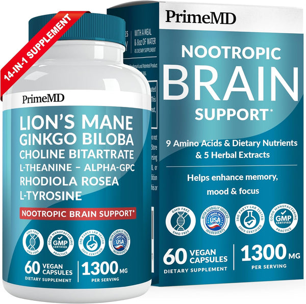 14-in-1 Lions Mane Supplement Capsules - Nootropic Brain Support with Ginkgo Biloba, 1300mg per Serving