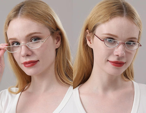 REAVEE 3 Pack Half Frame Retro Designer Alloy Reading Glasses for Women Men with Pouch, Red Gold Silver, 2.25