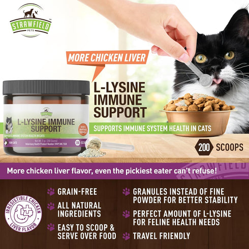 Strawfield Pets L-Lysine Immune Support for Cats & Kittens, 200g Chicken Liver Flavor Granules with Scoop