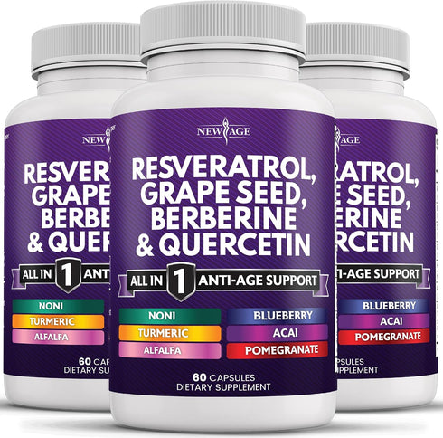 NEW AGE Resveratrol 6000mg, Berberine 3000mg, Grape Seed Extract 3000mg, Quercetin 4000mg - 180 Capsules Supplement