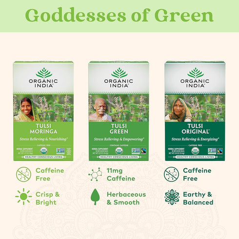 Organic India Tulsi Moringa Herbal Tea, Stress Relieving & Nourishing, Vegan, 18 Infusion Bags, 6 Pack