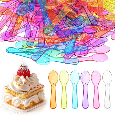 OLLBIT 100PCS Mini SpoonsDessert SpoonsPlastic Disposable CutlerySmall Plastic Spoons for Ice Cream, Cake,