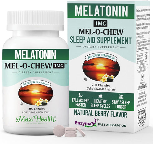Maxi Health Melatonin 1mg Chewable, Sleep Aid Supplement, Non-Habit Forming, 200 Units
