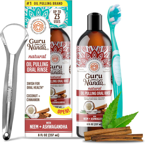 GuruNanda Ashwagandha Oil Pulling, 8 Fl Oz, 100% Pure Coconut Blend with Essential Oils & Vitamins for Healthy Teeth