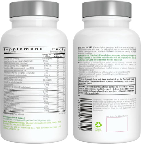 High Absorption Methylated Prenatal Multivitamin - 60 Tablets, Folate for MTHFR, Clean Label, Gentle Iron, Vegan