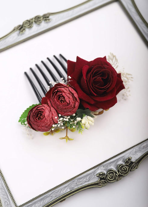 Kercisbeauty Red Rose Burgundy Hair Comb, Vintage Bridal Floral Headband for Women Girls Party