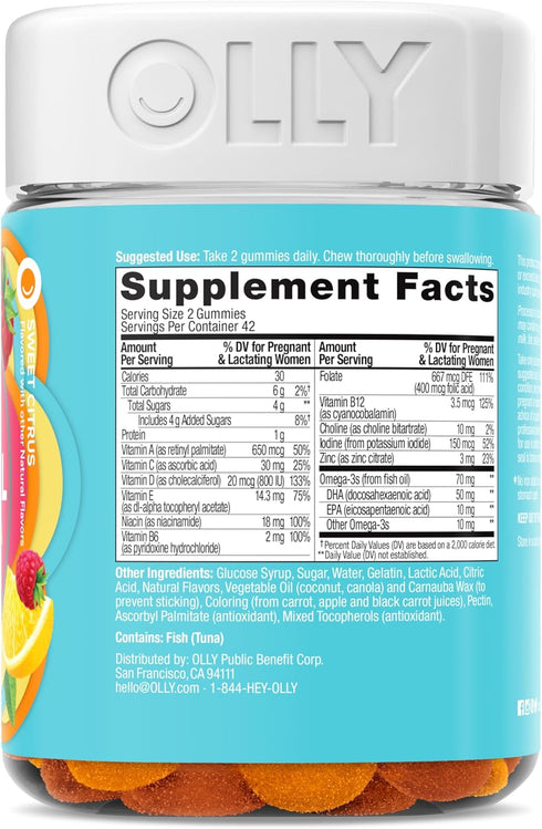OLLY Essential Prenatal Gummy Multivitamin, Folic Acid, Vitamin D, Omega 3 DHA, Supports Healthy Growth and Brain Development, Citrus Berry - 84 Count