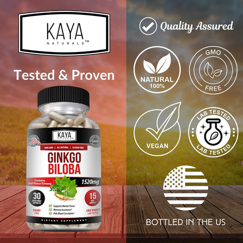 Kaya Naturals Red Panax Ginseng + Ginkgo Biloba | Nootropic Brain Supplement for Cognitive and Concentration Support