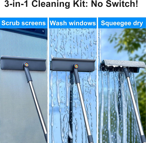 Purexa 3-in-1 60" 3 All-in-1 Window Squeegee for Home - Window Cleaning Kit with Microfiber Cloths & Screen Brush
