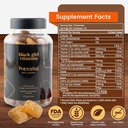 Gummies 60ct Black Girl Vitamins - Prenatal for Women Vitamin with Folate for Bone Health Support, Gluten-Free