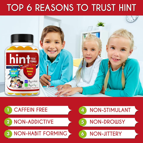 Hint Brain Memory Supplements for Kids & Teens, Omega 3 Vitamins, Low Sugar 60 Gummies for Focus & Eye Support
