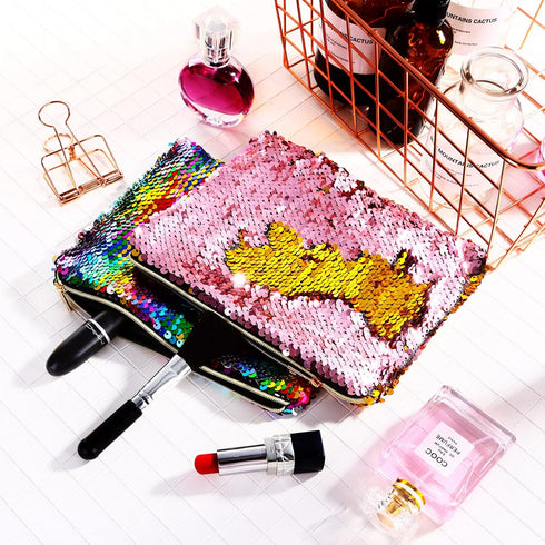 Tatuo 4 Pcs Glitter Sequin Makeup Bag - Rainbow Iridescent Small Reversible Cosmetics Pouch for Women