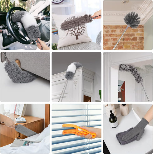 12pcs Microfiber Dusters with Extension Pole (Stainless Steel) 30 to 100'', Washable, Bendable Long Feather Duster for