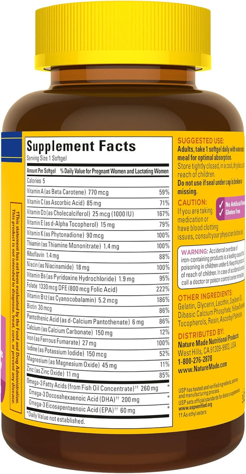 Nature Made Prenatal with Folic Acid + DHA, 110 Softgels for Daily Nutritional Support, 110 Day Supply