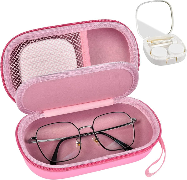 Portable 2 in 1 Pink Contact Lens Case and Glasses Case, Traveling Holder with Soak Storage Kit and Built-in Mirror