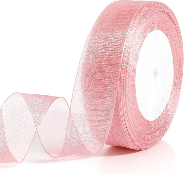 Pink Ribbon 1 Inch x 50 Yards for Flower Bouquets, Sheer Tulle Ribbon for Gift Wrapping, Crafts, Wedding Decorations