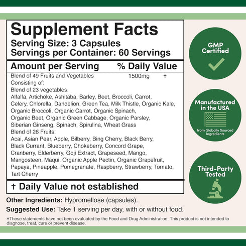 Fruits and Veggies Supplement (Daily Blend of 49 Different Fruits and Vegetables, 23 Veggies and 29 Fruits) 1,500mg Servings, 180 Capsules (No Fillers, Vegan Safe, Non-GMO) by Double Wood
