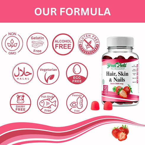 Gummies 90 Gummies Greenfield Nutritions - Halal Biotin Vitamin for Hair, Skin and Nails, Supports Fat Metabolism, Hair