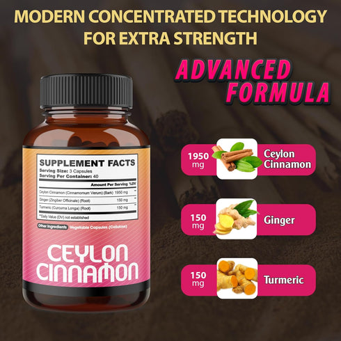 Ceylon Cinnamon Capsules with Ginger Root and Turmeric Curcumin Supplement - 120 Vegan Capsules