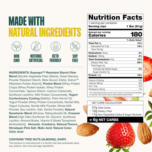 Supergut Prebiotic Bars, Meal Replacement, Boost GLP-1, High Fiber and Protein, No Added Sugar, Keto Food, 12 Count